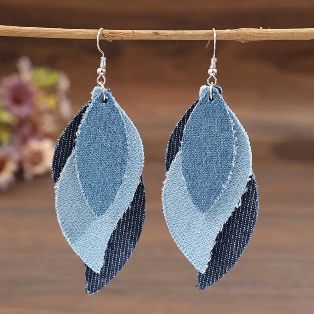 Blue Denim Look Leaf Drop Earrings 3-Layer Boho PU Leather Lightweight Dangle